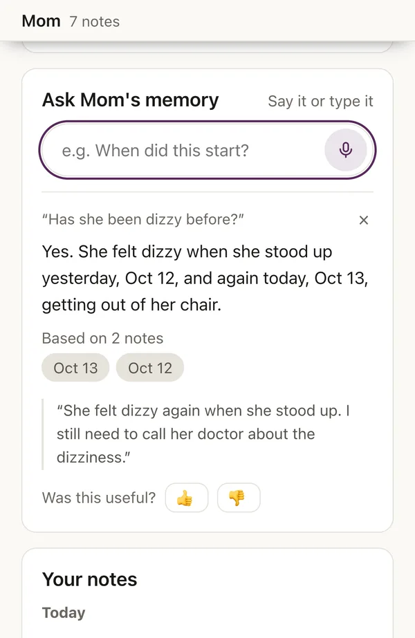 Has she been dizzy before? Yes, yesterday Oct 3 and again today Oct 4, based on 2 notes, with the original note quoted.