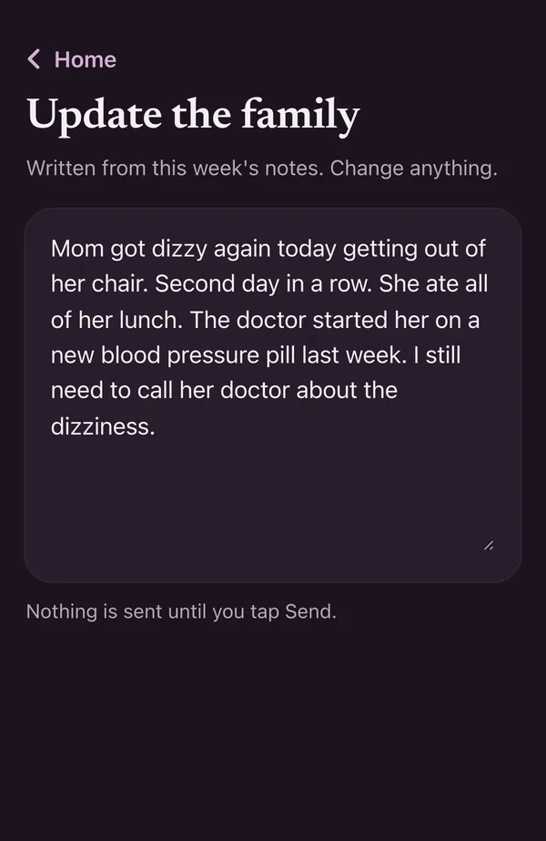 A drafted family update about the dizziness, lunch and the new blood pressure pill, ready to change or send.
