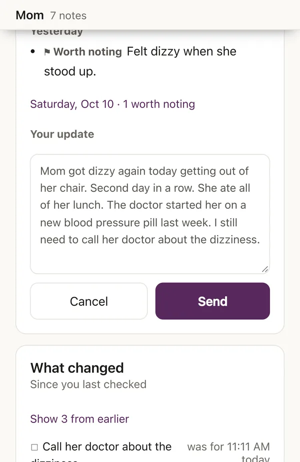A drafted family update about today's dizziness and lunch, with Cancel and Send.