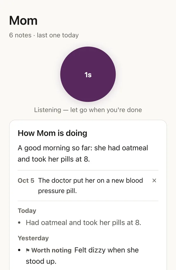 Recording a note: the button shows 2 seconds and says Listening, let go when you're done.