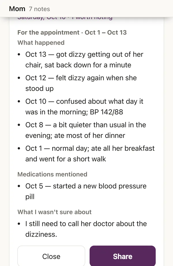 Notes for an appointment: what happened by date, medications mentioned, and what I wasn't sure about.