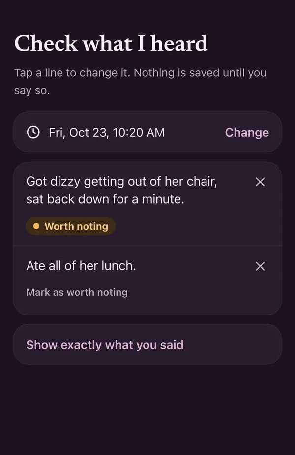Check what I heard: each line of the note to change or remove, and nothing saved until you tap Save.