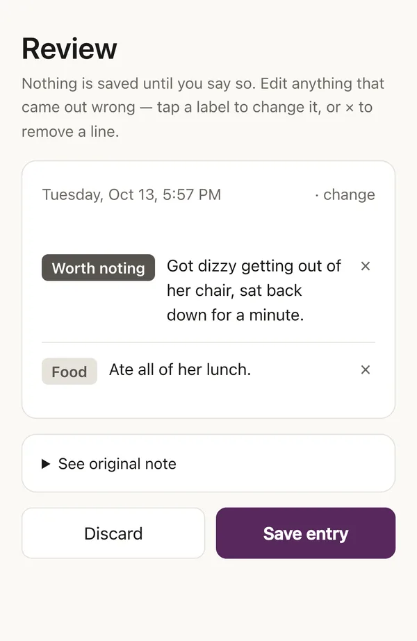 The Review screen: Got dizzy getting out of her chair, marked worth noting, and Ate all of her lunch, with Save entry.